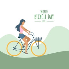 Vector illustration of a cycling girl, flat style design, as a banner or poster, world bicycle day.