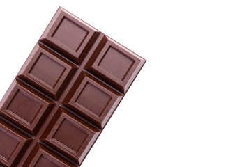 Bar of dark chocolate isolated on white background. Copy space.
