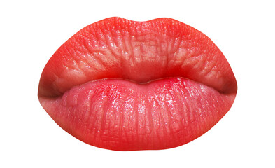 Womans lips kiss, close up isolated on white background. Isolated mouth.