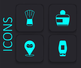 Set Bottle of shampoo, Makeup brush, Cream or lotion cosmetic tube and Smiling lips icon. Black square button. Vector