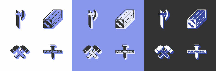 Set Metallic nail, Wooden axe, Crossed hammer and beam icon. Vector