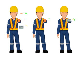 set of industrial worker is presenting a card