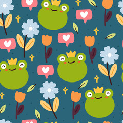 seamless pattern hand drawing cartoon frog with flower and plant. cute animal wallpaper in blue background for textile, fabric print