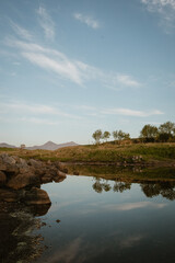 Calm nature background of sky and trees reflecting in the water, Lofoten Norway