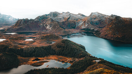 View of Storkongsvatnet from Tjeldbergtind in Svolvaer, Lofoten in November. Landscape photo of a...