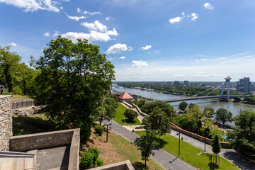View of the Most SNP bridge in Bratislava from the castle hill