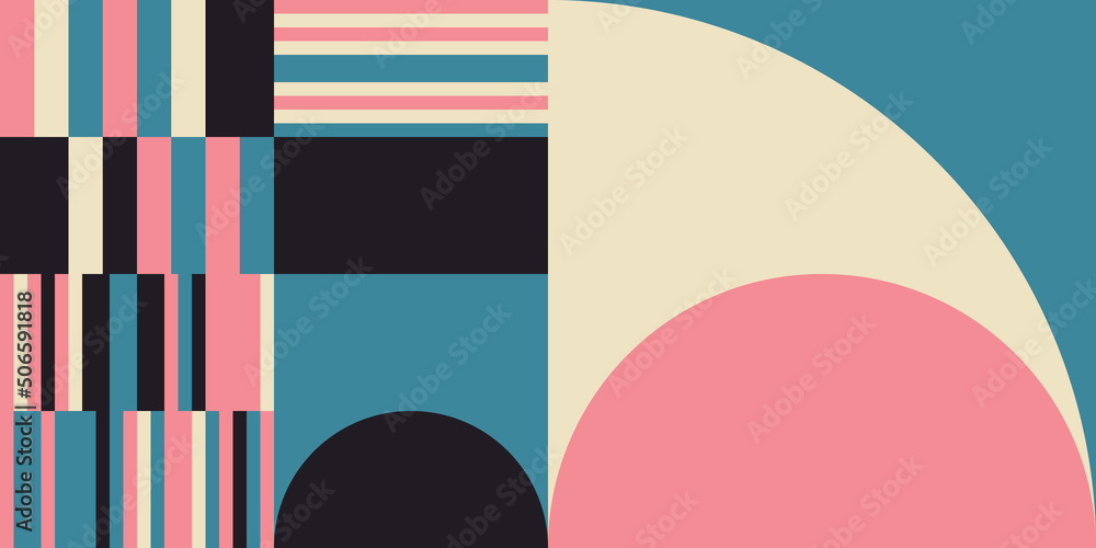 Poster Modern vector abstract  geometric background with circles, rectangles and squares  in retro Scandinavian style. Multi colored simple shapes graphic pattern.