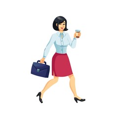 Vector cartoon flat business woman character in stylish outfit with coffee cup and briefcase walks on empty background-trendy fashion collection,business lifestyle concept,web site banner ad design