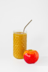 apple juice with pulp not filtered and not clarified, healthy delicious vitamin drink, banner, place for text