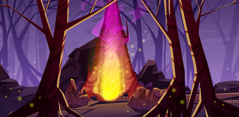 Magic portal between tree trunks in deep dark forest. Vector cartoon fantasy illustration of scary night wood landscape with bare trees, stones, and fantastic glow gates to alien world © klyaksun