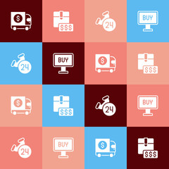 Set pop art Armored truck, Item price tag with dollar, Telephone 24 hours support and Buy button icon. Vector