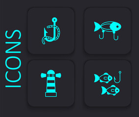 Set Fishing hook with fish, and worm, lure and Lighthouse icon. Black square button. Vector