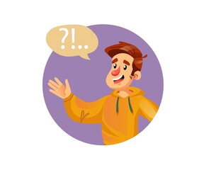 Vector cartoon flat happy character in joyful mood.Young man happily talking,communicate,rejoice,send greetings-communication,emotions,friendship,positive social concept,web site banner ad design