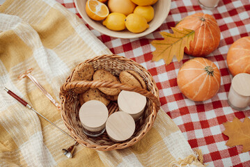 Having picnic in fall forest. Pumpkins, oranges, some biscuits in basket