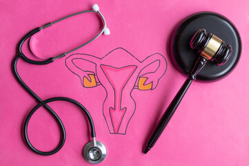 Drawing of female reproductive system with judge's gavel and stethoscope.
Conceptual about...