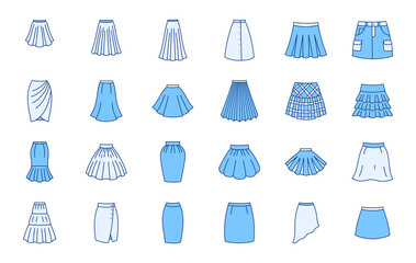 Clothes skirts doodle illustration including icons - cargo, draped, gored, plisse, kilt, bubble, pencil, asymmetric petticoat. Thin line art about women apparel. Blue Color, Editable Stroke