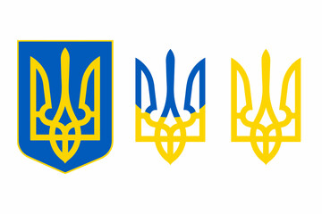 Set of Ukrainian trident. National emblem of Ukraine. Support for the country during the war. Stop the war. Vector illustration