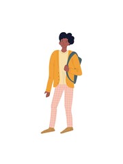 Vector cartoon flat hipster man character in stylish outfit with backpack isolated on empty background-young people life,trendy collection and fashion lifestyle concept,web site banner ad design