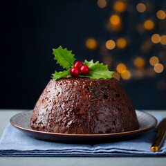 Christmas pudding, fruit cake. Traditional festive dessert. Dark background with lights garland. Close up. Copy space. - 506593404