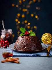 Christmas pudding, fruit cake. Traditional festive dessert. Dark background with lights garland. Copy space.