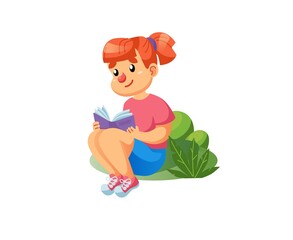 Vector cartoon flat girl character,kid reading book-children's fashion,kids clothing,happy childhood and healthy family relationships social concept,web site banner ad design