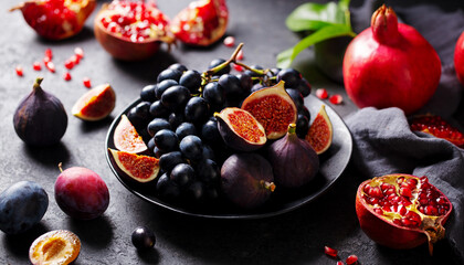 Fruits assortment, pomegranates, grapes, figs, plums on black plate. Dark background. Close up.