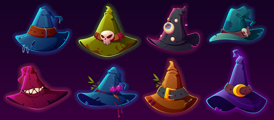 Scary witch and wizard hats for Halloween costume. Vector cartoon set of fantasy magic accessory for magician and sorceress. Old spooky pointed caps with buckles, eyes, belts and teeth