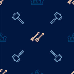 Set line King crown, Battle hammer and Medieval arrows on seamless pattern. Vector