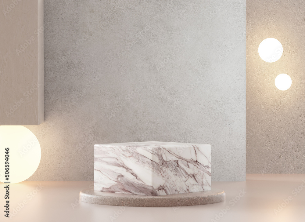 Poster marble square podium platform in a minimal scene background for product display in 3d render