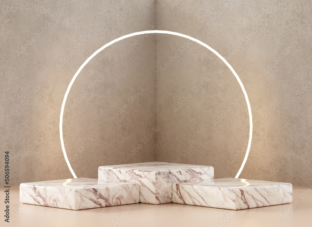 Poster three marble square podium platforms with textured wall background for product display in 3d render