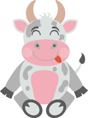 Cute Cow Sitting. Isolated Kawaii Cartoon Vector Drawing of A Sitting Cow On A White Background. 