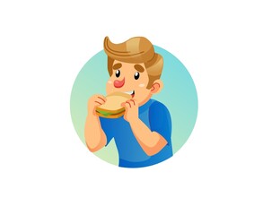 Vector cartoon flat boy character,kid eating sandwich-children's fashion,kids clothing,happy childhood and healthy family relationships social concept,web site banner ad design