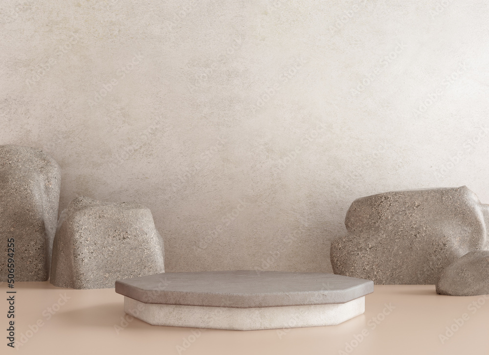 Aufkleber minimal stone podium with rocks in an interior scene background for stuff display in realistic 3d re