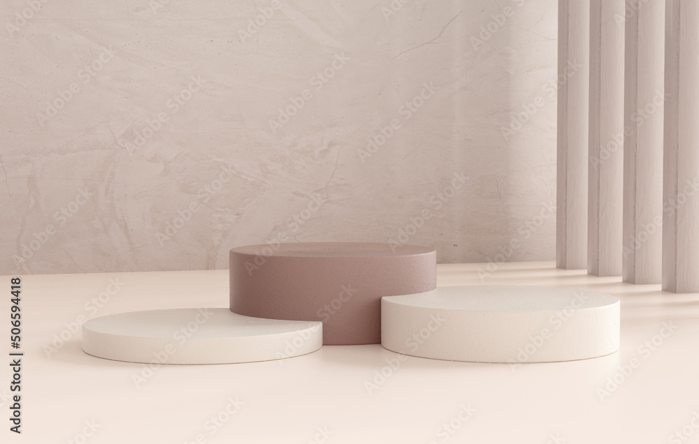 Poster three stone pedestal podiums on a minimal interior background for product display in realistic 3d re