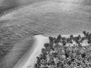 Maldive, aerial view of beautiful beach, black and white picture.