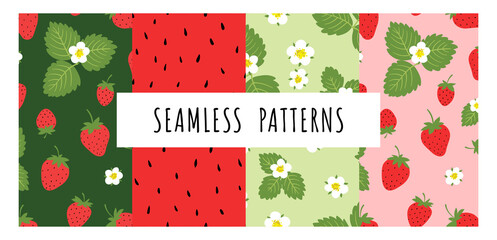 Vector set with strawberry. Trendy texture for print, textile, packaging. Hand drawn seamless patterns. Collection of summer backgrounds.
