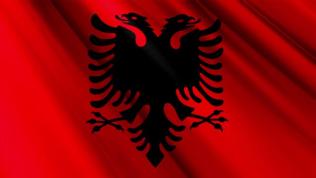 Close up realistic fabric textile silk satin flag of Albania waving fluttering background. National symbol of the country. 28th of November, Happy Independence Day concept. 3D animation 1080p Full HD
