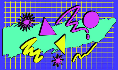 Abstract geometric background in 90's like retrowave style. Composition of colorful shapes.