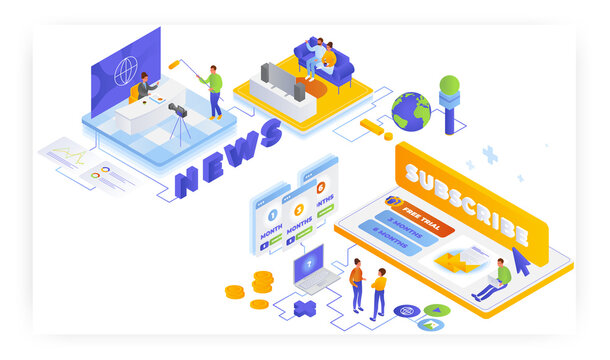 News, newsletter subscription, vector isometric illustration. Tv news broadcasting. People choosing subscription plan.