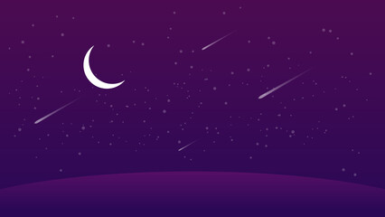 Obraz na płótnie Canvas night landscape cartoon scene. dark hill with crescent moon and meteor in starry sky