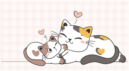 two of cute cheerful Mother cat and playful kitty baby play together, pet animal cartoon drawing character vector, mother's day greeting card, the happiness moment