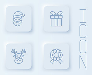 Set line Santa Claus hat and beard, Gift box, Reindeer and Christmas wreath. White square button. Vector