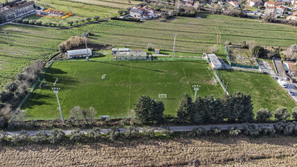 Aerial view soccer field after match.