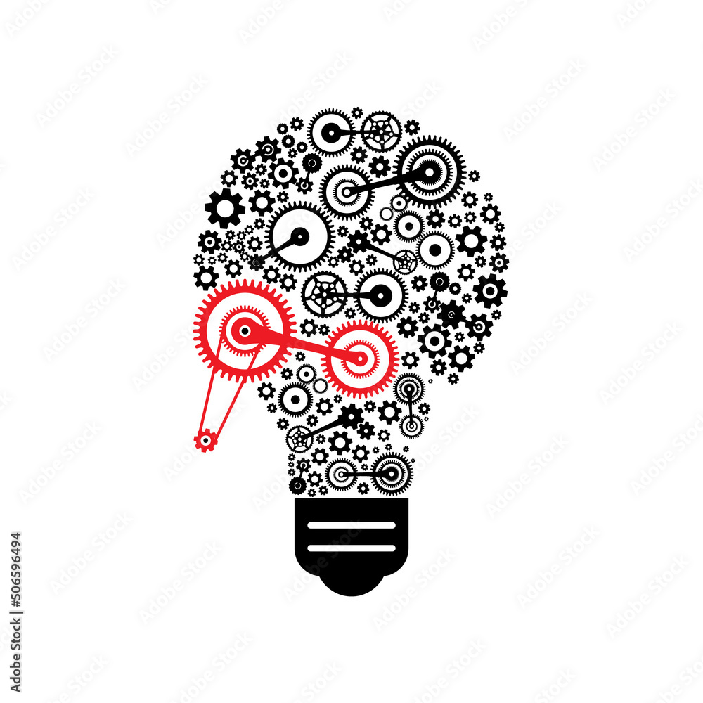 Poster bulb with red and black cogs isolated on whte background - vector
