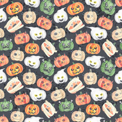Halloween cartoon character print, Fabric colorful pumpkin pattern, Jack o Latern seamless ornament, Halloween backdrop, Voodoo pumpkin, Wrapping paper design, Textile ornament
