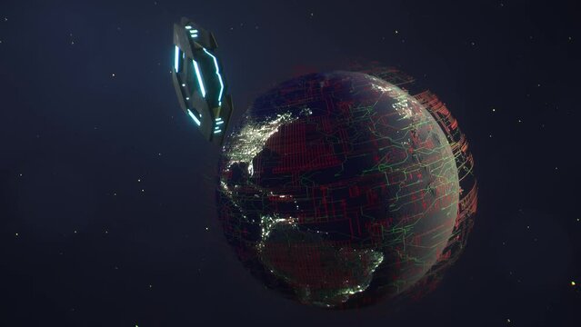 Animazione 3D di pianeta Terra con luci accese e sfera