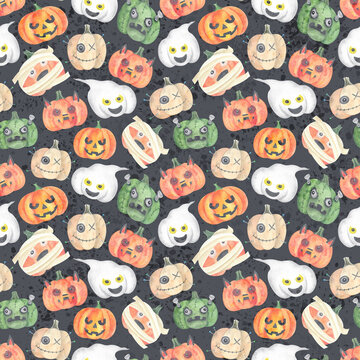 Halloween cartoon character print, Fabric colorful pumpkin pattern, Jack o Latern seamless ornament, Halloween backdrop, Voodoo pumpkin, Wrapping paper design, Textile ornament