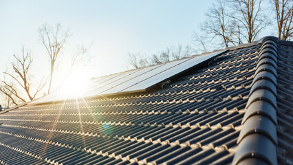 The sun shines on the solar panels on the roof of the house