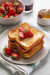 Homemade french cinnamon toast with strawberries, honey and coffee. Morning breakfast, brunch or lunch concept. Selective focus.