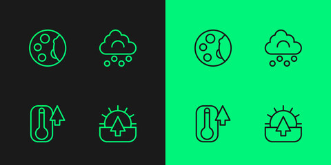 Set line Sunrise, Thermometer, Moon phases and Hail cloud icon. Vector